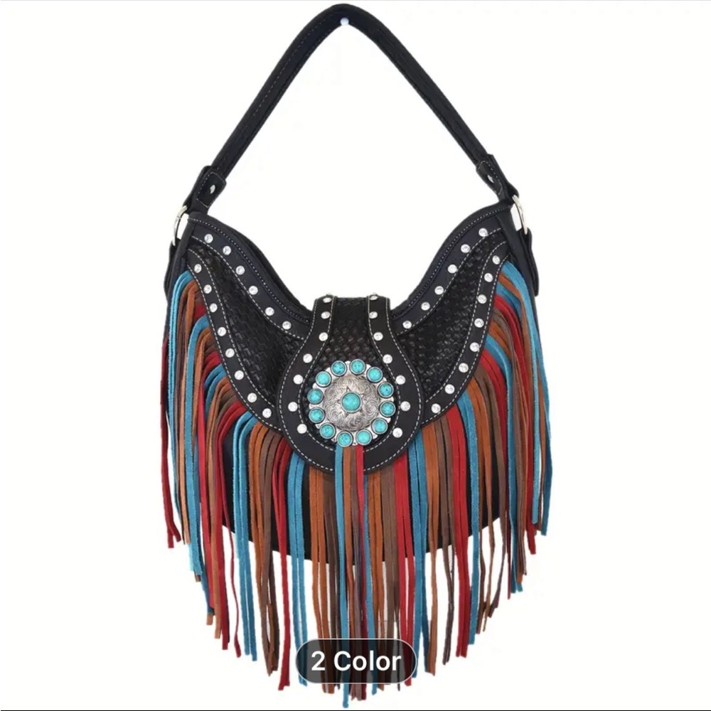 Fringe Boho Chic Shoulder Bag - Black and Multicolor